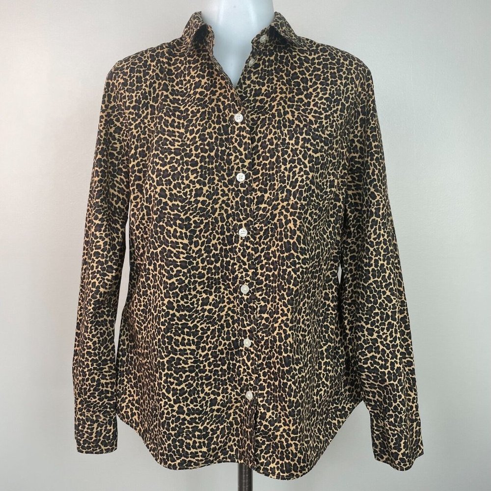 J. Crew Top Medium Leopard Brown Button-Front Shirt Cotton Women's